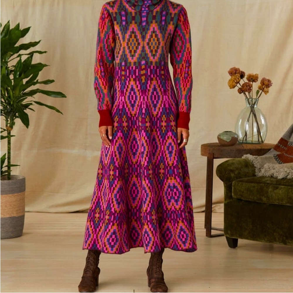 Farm Rio Tapestry Scarf Sweater Maxi Dress Knit Pink Multi Small NWT